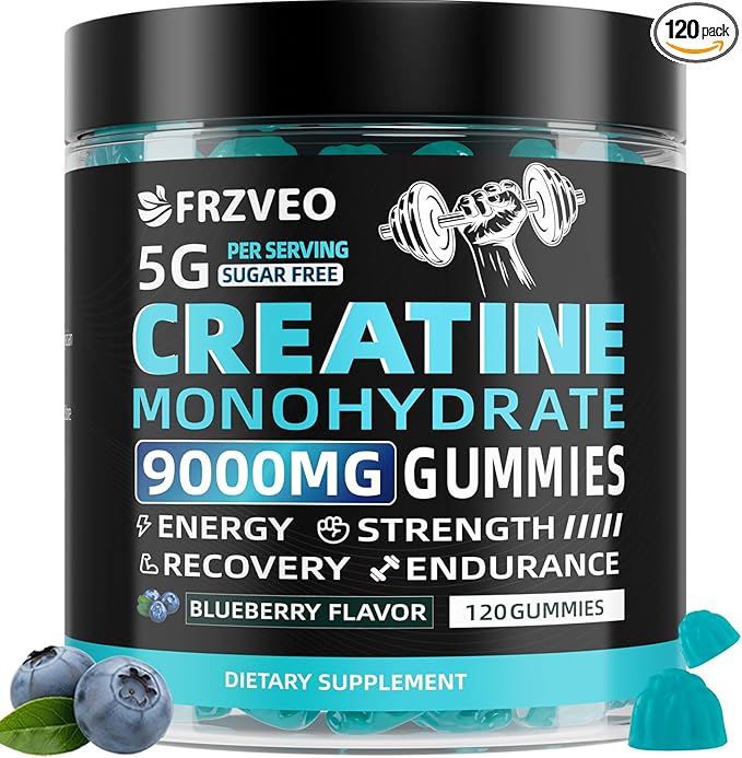 Creatine Monohydrate Gummies 9000mg for Men & Women, Potent Chewables Creatine 5g Per Serving, Creatine Supplement for Strength, Energy & Focus, Sugar Free, Vegan Non-GMO, Blueberry -120 Count