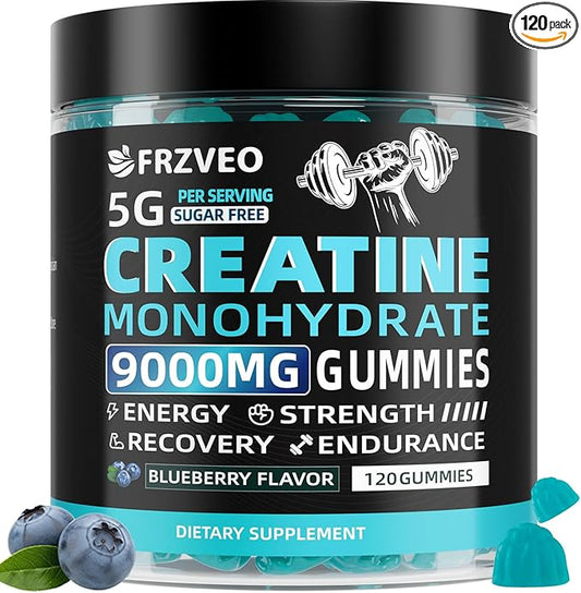 Creatine Monohydrate Gummies 9000mg for Men & Women, Potent Chewables Creatine 5g Per Serving, Creatine Supplement for Strength, Energy & Focus, Sugar Free, Vegan Non-GMO, Blueberry -120 Count