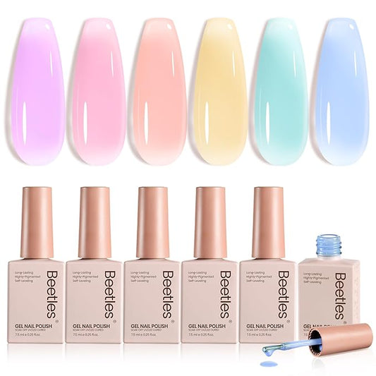 Beetles Pastel Gel Nail Polish Set, 6 Colors Jelly Gel Polish Kit Pink Blue Purple Orange Yellow Green Translucent Effect Soak Off UV Candy Sweet Collection French Nail Gift for Women