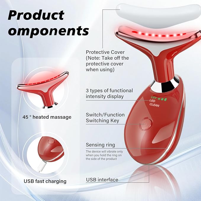 Neck&Face Massager with 7 Colors-Multi-Functional Skincare Tool,Home Beauty Device for Wrinkles&Relaxation (Red)