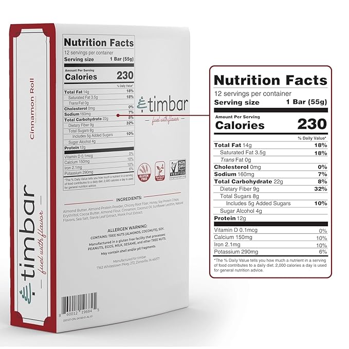 timbar Vegan Protein Bars 4 Pack | Plant Based- Energy & Nut Bars with 12g Protein | Gluten Free, Non-GMO, Dairy Free, Healthy On-the-Go Snack & Meal Replacement (4 Packs, Cinnamon Roll)