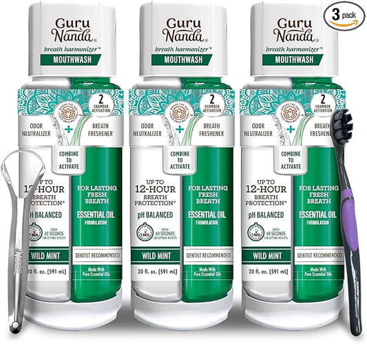 GuruNanda Dual Barrel Breath Harmonizer Mouthwash - Freshens Breath - Alcohol & Fluoride Free with Sodium Chlorite & Essential Oils - Wild Mint Flavor, 3 Pack