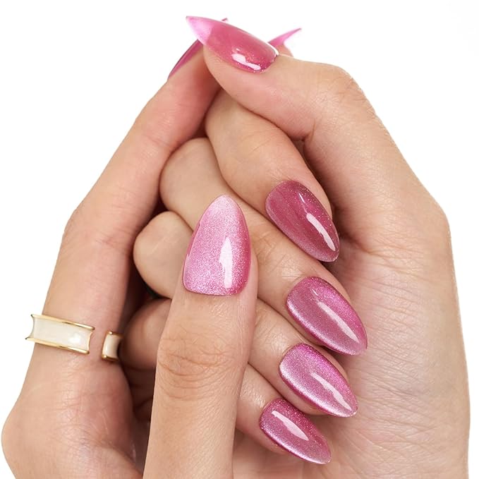 GLAMERMAID Pure Purple Magnet Cat Eye Press on Nails Short Almond, Carmine Handmade Jelly Gel Fake Nail Kits, Ombre Glitter Magnetic Glue on Nail Stiletto，Medium Oval Stick on False Nail Set for Women