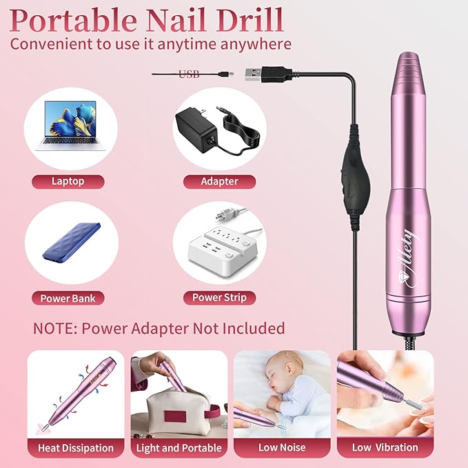 Electric Nail Drill Kit, Portable File for Acrylic Gel Nails, Professional Machine Efile Manicure Pedicure Tools with Iridescent Bits Home Salon Use, Pink
