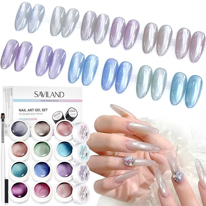 SAVILAND Cat Eye Gel Nail Polish: 12 Colors Shimmer Glitter Cateye Gel Polish Art Delicate Magnetic Nail Polish Pen Quick Dry with Magnet Stick Smooth DIY Manicure Salon Velvet Nails 5ml