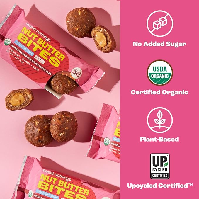Sweet Nothings, Apple Cinnamon, USDA Organic Nut Butter Bites Protein Bar, Nut & Date Snack, Filled with Peanut Butter, 12-2 Bite Value Packs - No Added Sugar, Good Source of Fiber, Only 7 Ingredients
