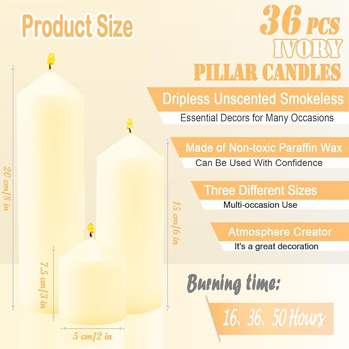 36 Pcs Ivory Pillar Candles Bulk Set，2x3 2x6 2x8 Inch - 12 Each Size，Hurricane Candles，Dripless Unscented Smokeless，Gives You a Better Atmosphere When Organizing Wedding or Event Party.