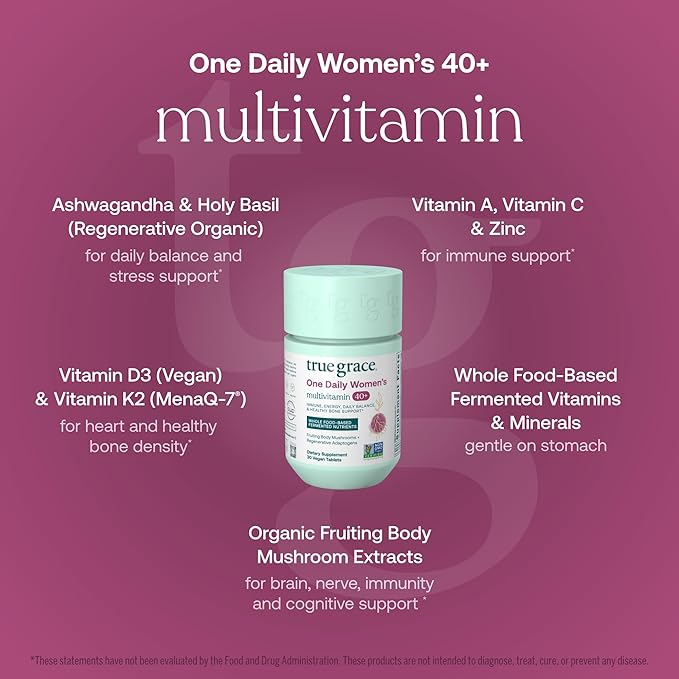True Grace One Daily Women’s Multivitamin 40+ Fermented Minerals, Organic Adaptogens & Mushrooms Energy, Immune, Bone Support - Non-GMO - Iron, Gluten & Soy Free - 30 Vegan Tablets