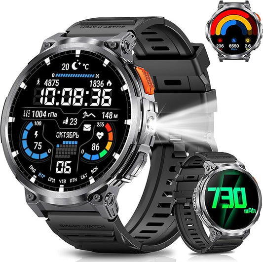 1.85" Big Screen Military Smart Watch for Men with Flashlight, 730mAh Large Battery, IP68 Waterproof, Bluetooth Calling, 114 Sports Modes, Heart Rate/Sleep Monitor for iOS Android