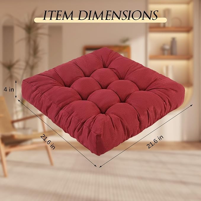 Meditation Floor Cushions, Thickened Floor Pillow for Adults, Large Square Pillows Seat Cushion for Tatami Living Room Yoga, Memory Sponge Block Added, 22x22 Inch, Wine Red
