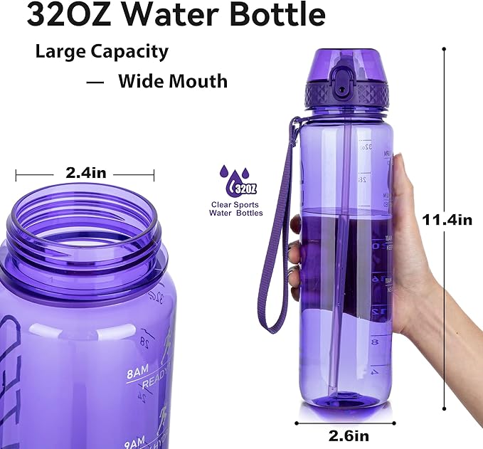 GOPPUS Clear Water Bottle With Straw 32oz Clear Sports Water Bottles Motivational with Time Marker Tritan BPA Free Clea Plastic Water Bottle Wide Mouth for Gym Travel Home School Office