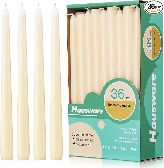 Hausware 36 Pack Taper Candles, 8 Hour Burn Time,Unscented Dripless and Smokeless, 10 inch Elegant Premium Quality Dinner Candle for Home Décor, Restaurant, Wedding, Party Candlesticks (Ivory)