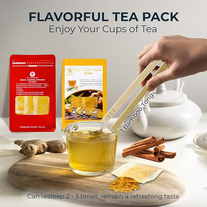 Ginger Cinnamon Turmeric Tea Bags with Bamboo Tong - 55 Count (+5 Count), 5.47 oz, Re-Steep Corn Based Tea Bags, No Sugar Added, Natural Herbal Tea for Body Warm, Relax, Refreshing