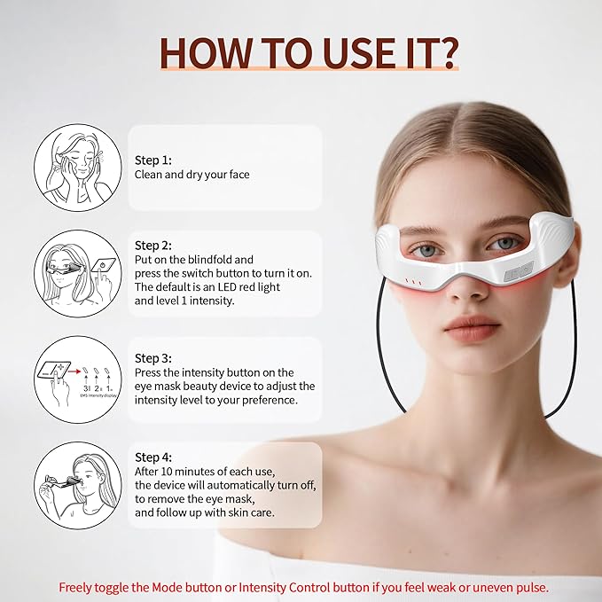 Under Eye Red Light Therapy Device, 650nm Red Light Therapy Eye Massager for Relieve Eye Bags, Eye Fatigue, Dark Circles, with Glasses Strap, Light-Weight, Hands-Free Use