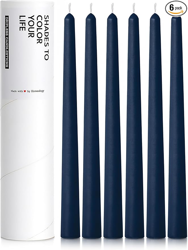 6 PK 10" Classic Taper Candles, Navy Blue, 7-8 Hours Long Burning, Unscented Tall Candlesticks