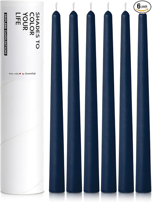 6 PK 10" Classic Taper Candles, Navy Blue, 7-8 Hours Long Burning, Unscented Tall Candlesticks