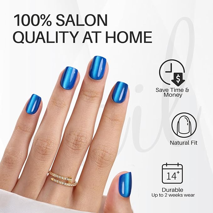 Blue Cat Eye Press on Nails Square - Soft Gel Press on Nails Short for Women Gift, Fit Perfectly & Natural Stick on Nails with Glue in 16 Sizes - 32 Reusable Fake Nails, Royal Blue