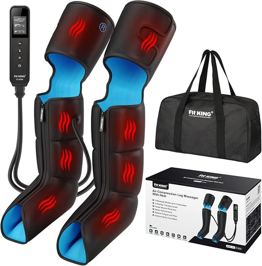 FIT KING Air Compression Leg Massager with Heat for Circulation Upgraded Full Leg and Foot Massager to Relieve Pain, Swelling, Edema, RLS - Built-in Pressure Sensor & LCD Display - Gift for Mom Wife