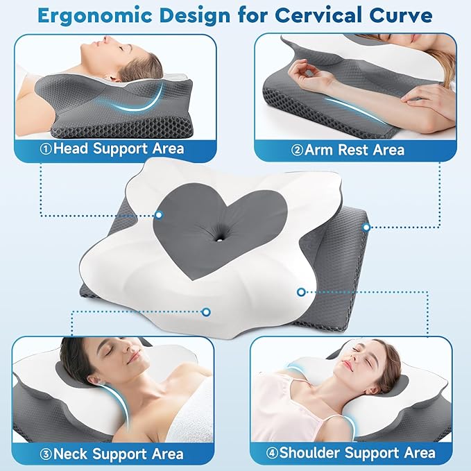 Cervical Neck Pillow, Memory Foam Neck Support Pillows for Sleeping, Shoulder Pillow for Side Sleepers, Back Stomach Sleepers, CertiPUR-US Certified, Standard Size, Grey