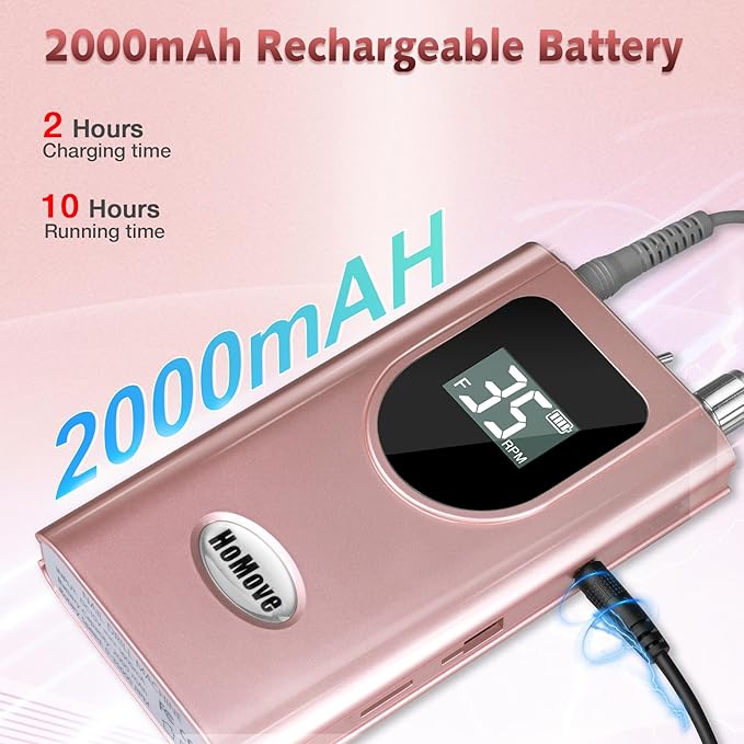 Professional Nail Drill Machine, HoMove 35000RPM Portable Nail Drills, Rechargeable Efile Nails Drill, Low Heat Electric Nail File for Acrylic Gel Nails(Rose Gold)