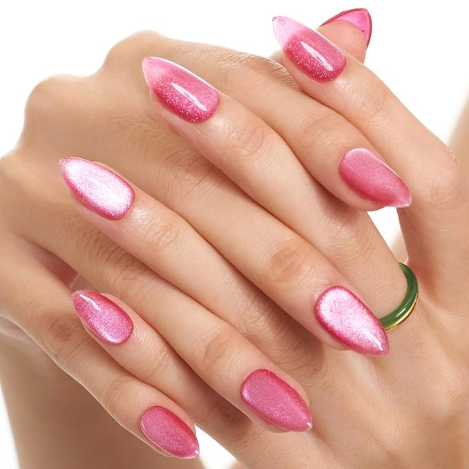 GLAMERMAID Pink Magnet Cat Eyes Press on Nails Short Almond, Handmade Jelly Gel Fake Nail Kits, Ombre Glitter Magnetic Glue on Nail Stiletto, Pink Aurora Medium Oval Stick on False Nail Set for Women