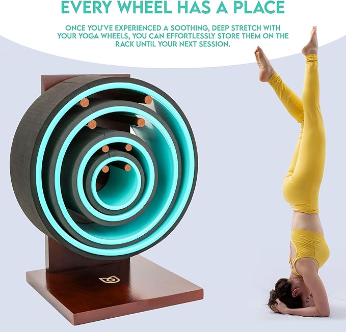 Yoga Wheel Storage Rack – Storage Compatible for Chirp Wheels and Yoga Wheels, Organize Your Back Roller Wheels, Fits all 4 Wheel Sizes, Quick Assembly, Made of Solid Stylish Wood (Wheels Not Included)
