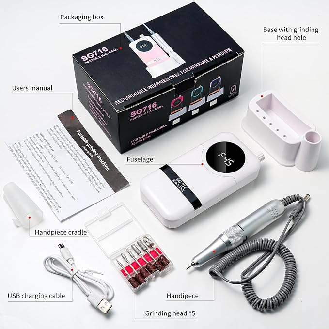 LIMEGIRL Professional Electric Nail Drill Kit 45000RPM Portable Cordless Toenail Cordless Toenail Machine with 14 Drill Bits and Base for Women (White)