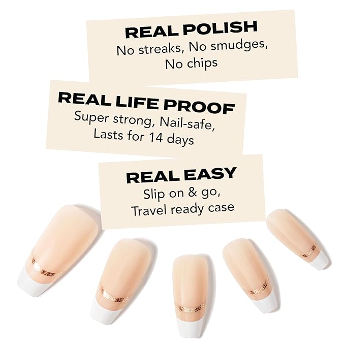 French Tip Press-On Nails – Hard Candy Glossy Gel-Shine False Nail Kit with Nail Glue, 30 Pieces, Reusable (Gold, Long)