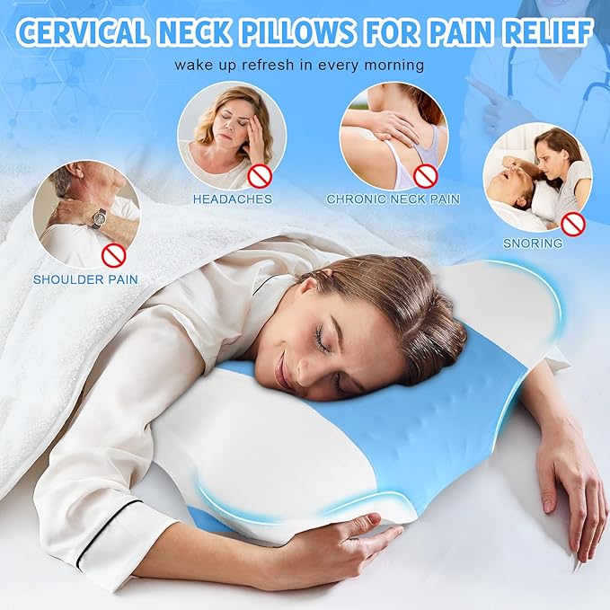 Cervical Neck Pillows with Memory Foam - Ergonomic Neck Support Pillows for Pain Relief Contour Memory Foam - Adjustable Orthopedic Bed Pillows with Cooling Breathable Pillowcase for Sleeping - Blue