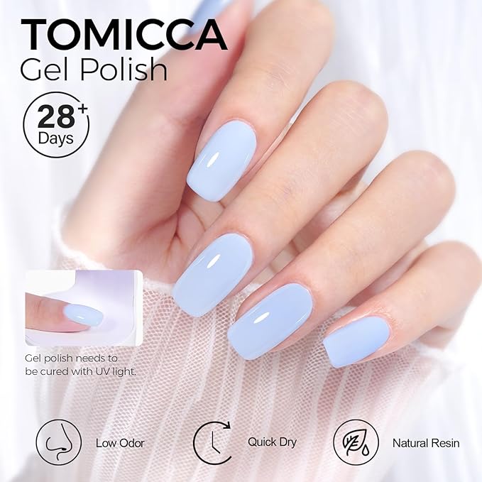 TOMICCA Baby Blue Gel Nail Polish - Pastel Blue, Bright Spring Summer Colors, Long Lasting Cotton Candy Finish