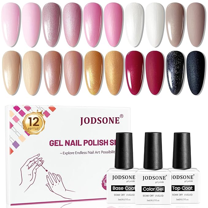JODSONE 10 Color Gel Nail Polish Set with Base Coat and Top Coat Great DIY Salon Home Gift