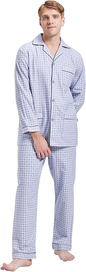 GLOBAL Men's Pajamas Sets 100% Cotton Flannel Sleepwear Long-Sleeve top & Bottom