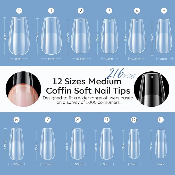 modelones Medium Coffin Nail Tips, Pre-shaped Soft Gel Tips Fake Nails False Acrylic Clear Full Cover Press on Extension Kit Gel Manicure DIY at Home 216PCS 12Sizes