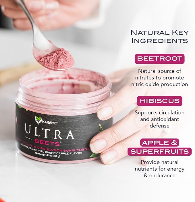 KaraMD UltraBeets | Delicious Beetroot Superfood Powder | Natural Vegan Friendly, Non-GMO & Gluten Free Nitric Oxide Booster Supplement | Supports Circulation & Energy (30 Concentrated Servings)