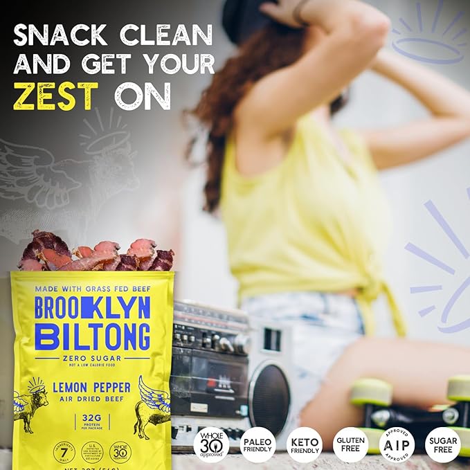 Brooklyn Biltong - Air Dried Grass Fed Beef Snack, South African Beef Jerky - Whole30 Approved, Paleo, Keto, Gluten Free, Sugar Free, Made in USA - 8 oz. Bag (Lemon Pepper)