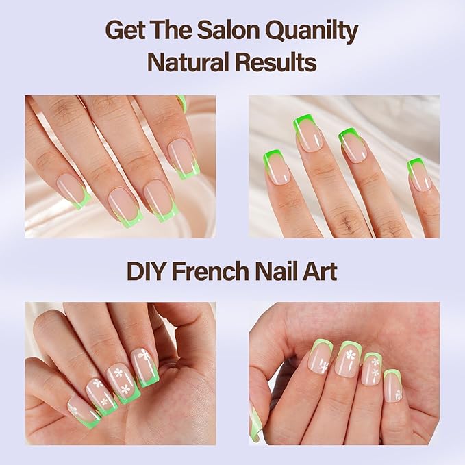 Misssix XBASICTIPS Green French Tip Press On Nails, 150Pcs French Gel Nail Tips Short Square, Soft Gel Pre-shaped No Need to File 3 in 1 Tips, Fake Nails for Nail Art DIY Extension Designs 15 Sizes