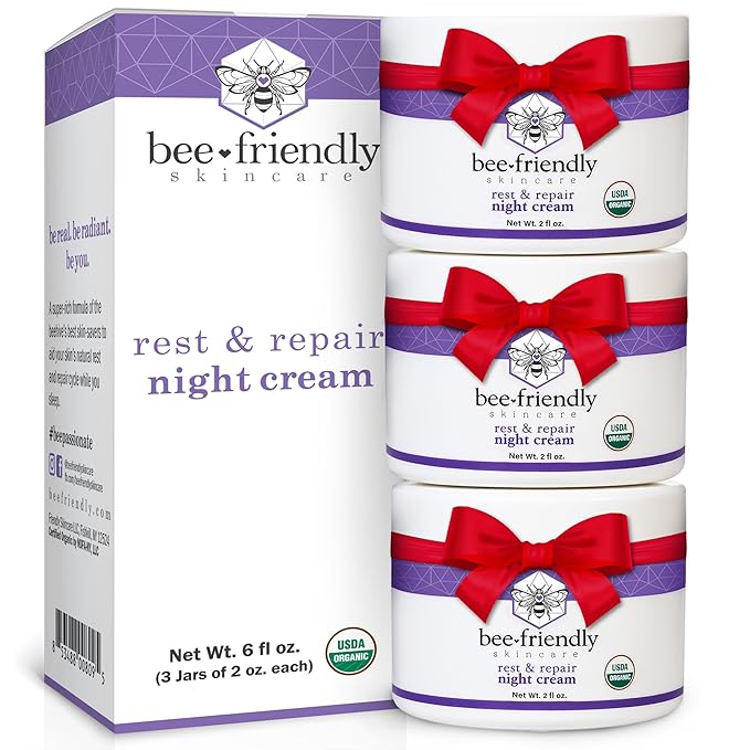 BeeFriendly Organic Night Cream, USDA Certified Organic, Deep Hydrating & Moisturizing Night Time Eye, Face, Neck & Decollete Cream for Women and Men, Anti Aging, Anti Wrinkle 6 oz (3 Jars in box)