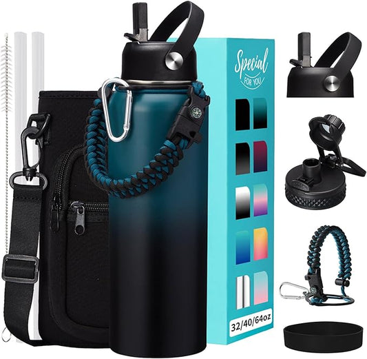 32 40 64OZ Insulated Water Bottle - Keep Cold 48H Hot 24H, Combo Straw & Spout Lids, Survival Paracord Handle, Bottle Carrier Bag w/Strap, Protective Cup Mat, Stainless Steel Flask Jug