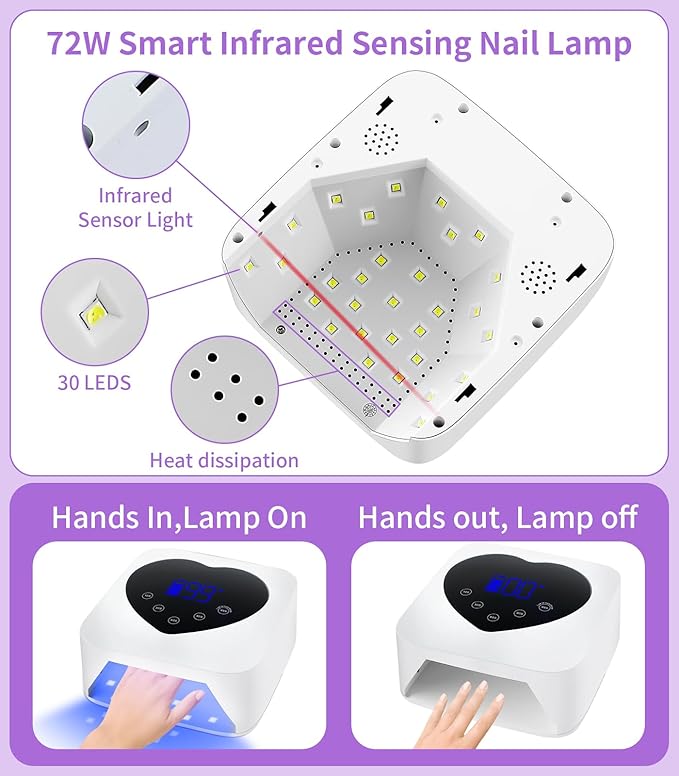 UV Nail Lamp, HUGMAPLE 72W UV Light for Gel Nails with 5 Timer Setting, Touch Control & Auto Sensor, Cordless Rechargeable Fast Dryer, Professional Led Curing Lamp for Salon & Home