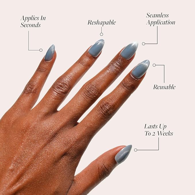 Glamnetic Press On Nails - Baby Blues | Short Almond, Pastel Blue Nails with a Mesmerizing Metallic Finish | 15 Sizes - 30 Nail Kit with Glue