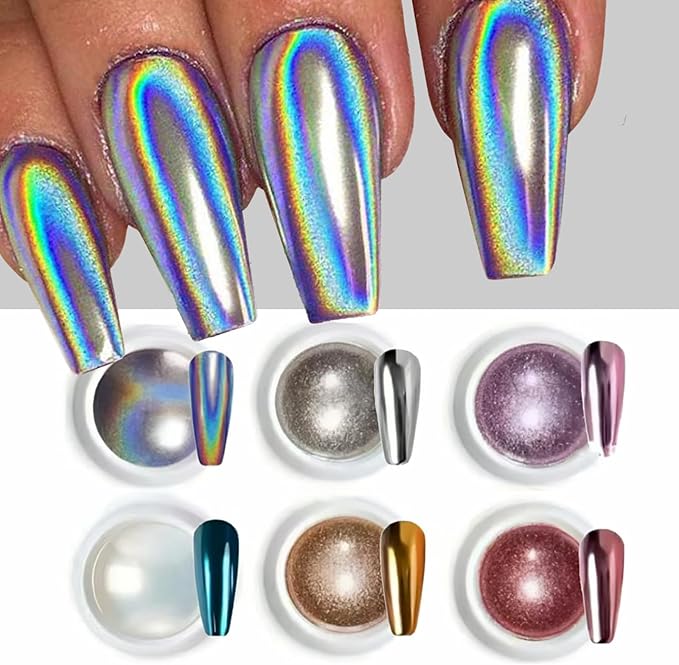 Chrome Nail Powder Set 6 Colors Nail Glitter Chrome Nail Powder Metallic Mirror Effect Brown Gold Purple Glitter Dust Powder Manicure Salon Supplies