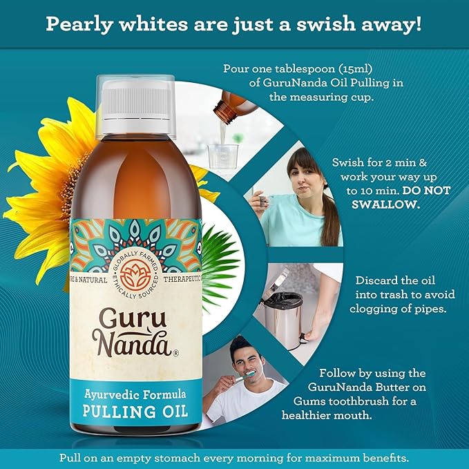 GuruNanda Original Oil Pulling Mouthwash, Promotes Deep Cleaning, with Coconut & Sesame for Teeth & Gum Health & Fresh Breath, with Tongue Scraper, Alcohol-Free, 8.45 Fl Oz
