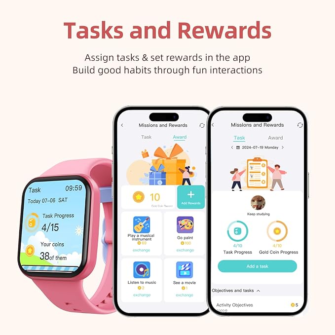 Parsonver Kids Smart Watch with Parent-Child Task & Reward System, Fun Fitness Tracker with 20 Sports Modes, Heart Rate & Sleep Monitor, IP68 Waterproof, Great Birthday Gifts for Boys Girls 5-16, Pink