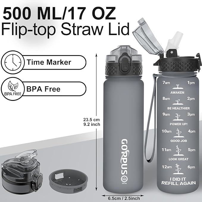 GOPPUS Kids Water Bottle with Straw Spout Lid 10pcs Stickers 17 oz Leak-proof BPA Free Motivational Time Marker Tritan Plastic Water Bottles for Girls Boys School Sports 2 Lids Grey