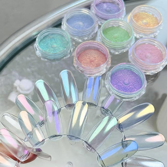 Holographic Mirror White Pearl Chrome Nail Powder Gold Effect Pure Metallic Dust Sequins UV Gel Nail Chrome Powder Pigment for Nail Art Decoration (Multicolour)