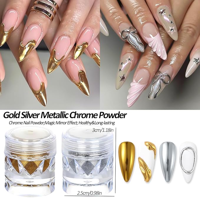 Chrome Nail Powder Metallic Gold And Silver, Magic Mirror Effect Pigment Glitter Rubbing Dust, 3D Carving Nail Molding Gel & Holographic Dip Nail Powder Kit for Nail Decor Home Manicure DIY