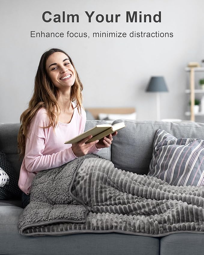 Sherpa Fleece Weighted Blanket with Ribbed Stripes for Adults, 15 lbs Dual Sided Cozy Warm Blanket for Couch Full Size Bed, Ceramic Beads Heavy Thick Blankets Great for Sleep, Grey, 60" x 80"