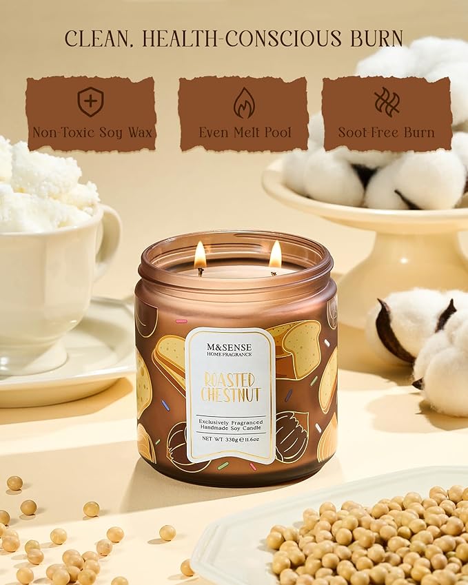 M&SENSE Roasted Chestnut Scented Candle, 11.6oz Natural Soy Wax, 70 Hours Long Lasting Clean Burn, Warm Nutty Aroma for Holiday Home Decor, Non-Toxic Relaxing Winter Gifts for Women