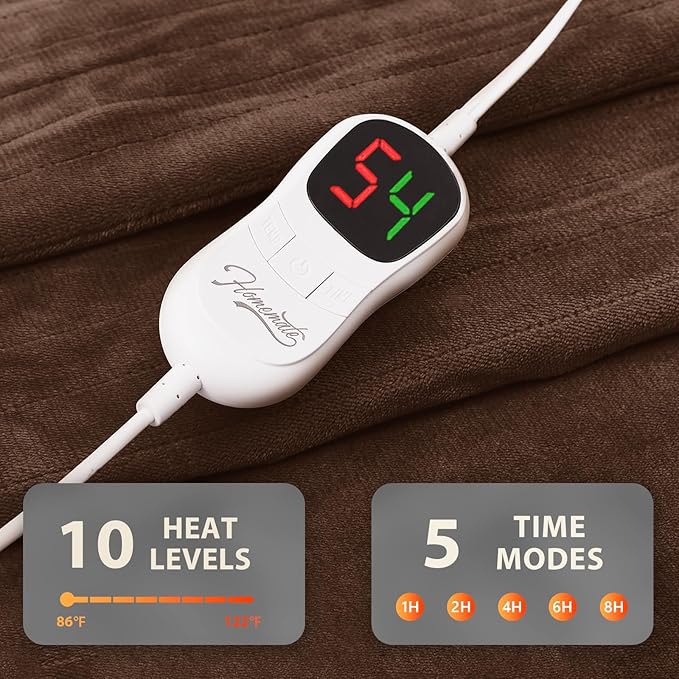 Homemate Electric Heated Blanket Queen Size - 84"x90" Heating Blanket Queen Size Dual Control 1/2/4/6/8 Hours Auto-Off 10 Heat Level Over-Heat Protection Flannel Sherpa ETL Certification