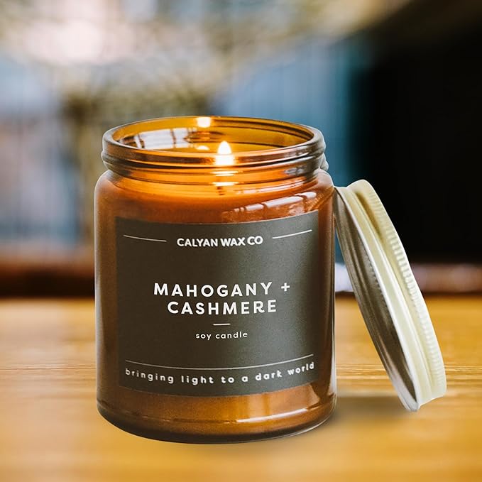 Calyan Wax Co. Mahogany & Cashmere Scented Candle - 57 Hour Burn - Luxury Non Toxic Soy Wax Candles - Long Lasting Amber Glass Jar Candle for Home - 7.2oz